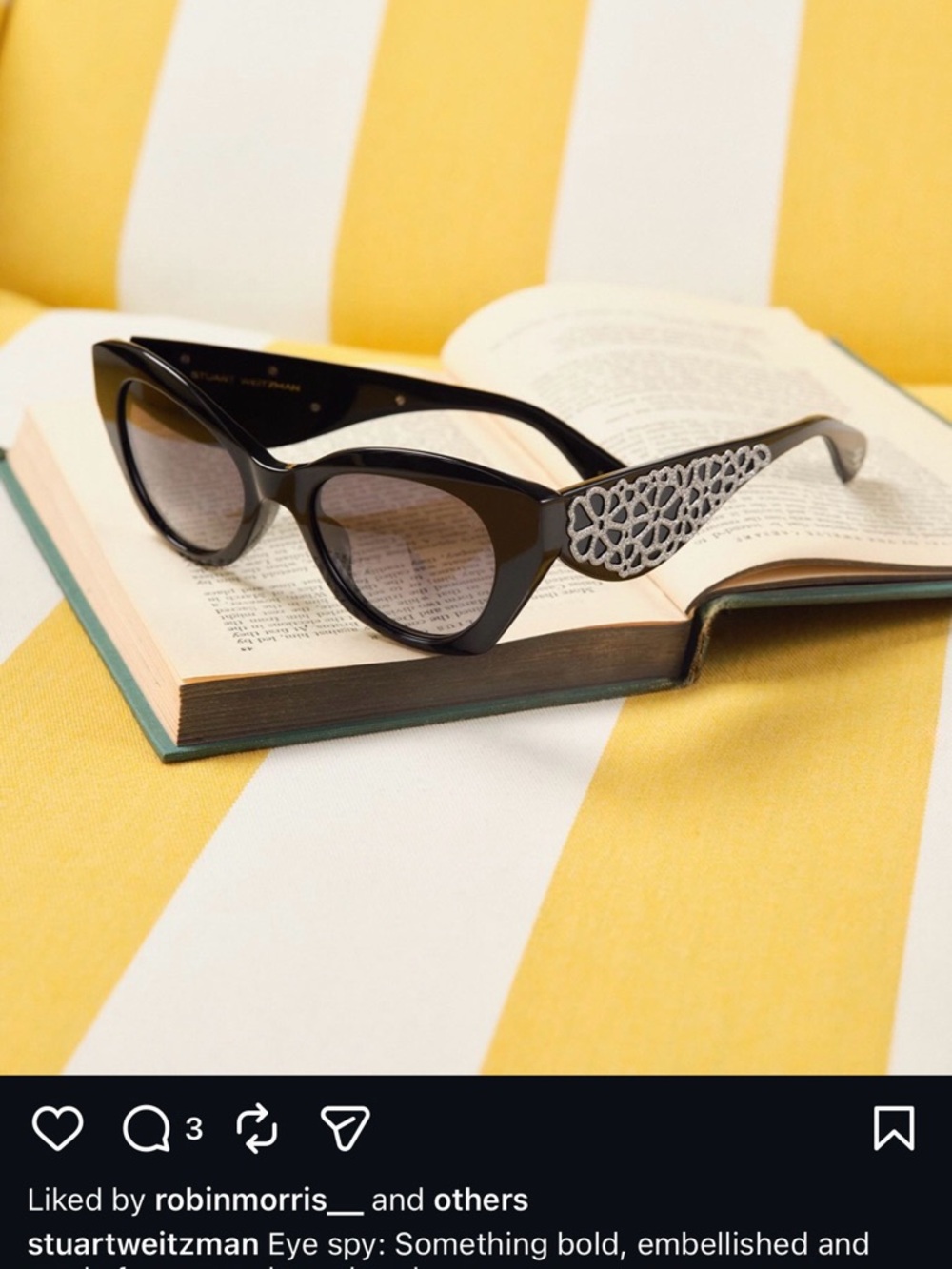 Stuart Weitzman Black Cat-Eye Sunglasses with Silver Filigree Temples